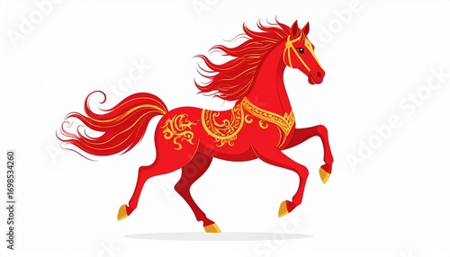 Flat vector illustration of the fire horse zodiac in red and gold, with simple Chinese New Year ornaments and clean background.