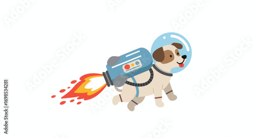 Space dog in a rocket pack with flames