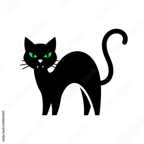 Spooky black cat with glowing green eyes and sharp fangs, perfect for Halloween