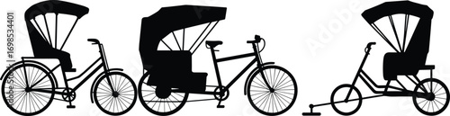  Vector illustration of rickshaw silhouettes, black cycle rickshaw icons, traditional pedicab design, vintage transport vehicle shapes, cultural bicycle rickshaw outline, urban transport vector set