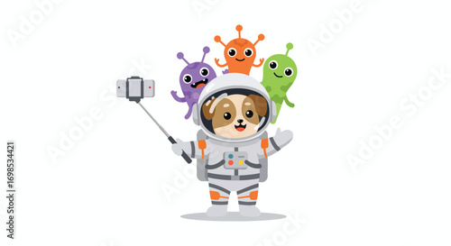 A dog in an astronaut suit taking a selfie with three cartoon aliens