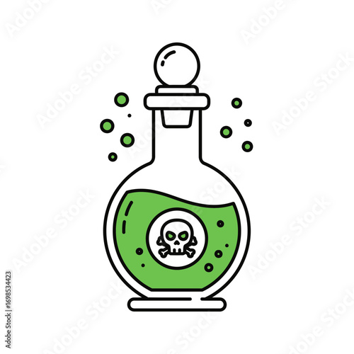 Mysterious green potion bottle with skull symbol signals danger and intrigue for Halloween or science themes