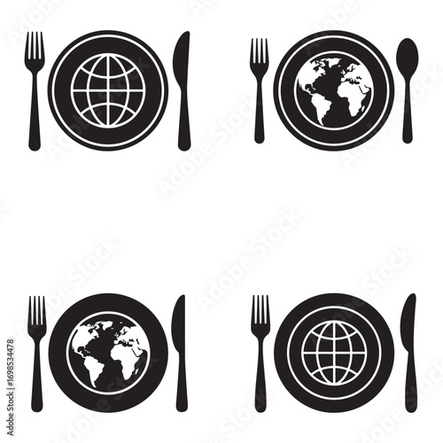 Global Cuisine: Four Plates with Earth Icons and Cutlery