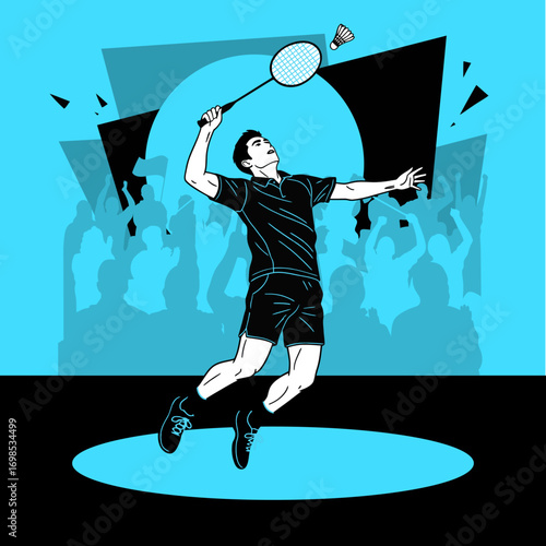 Badminton Smash Illustration: An illustration of a badminton player in mid-air preparing to smash the shuttlecock, with an energetic background. 