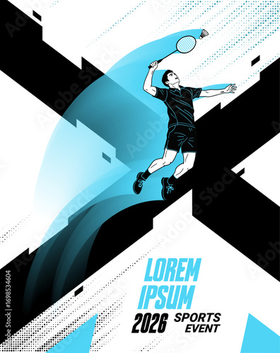 A dynamic illustration poster captures a badminton player in mid-air, executing a powerful stroke with a racquet amidst a backdrop of striking geometric shapes.