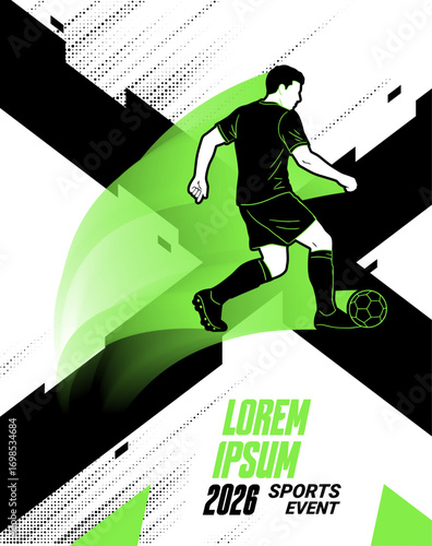 A bold graphic illustration poster captures the essence of soccer with a player dribbling the ball, football player silhouette poster.