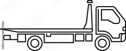 Vector illustration of tow truck outline, flatbed recovery vehicle design, roadside assistance transportation service, heavy duty rescue truck, automotive emergency support silhouette