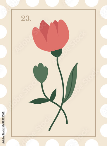 Minimal pink flower illustration with green leaves in a clean botanical vector style, perfect for fresh floral prints.