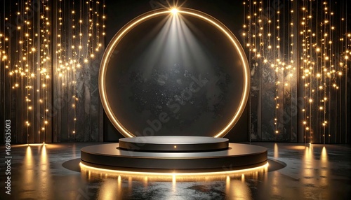 Black podium for product presentation with beautiful lights 