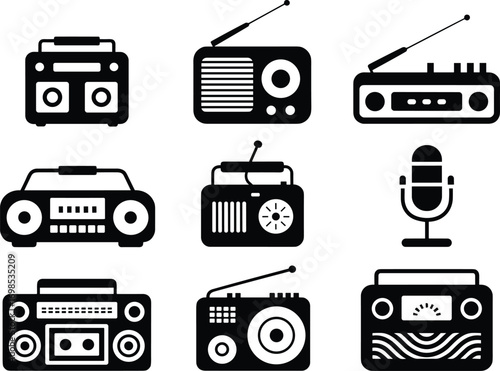  Vintage retro radio icons collection, black silhouette music devices set, cassette boombox, microphone, portable FM receivers, old analog style illustration vector