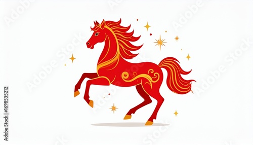 Flat vector illustration of the fire horse zodiac in red and gold, with simple Chinese New Year ornaments and clean background.