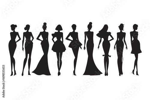 Black silhouettes of women in various elegant dresses