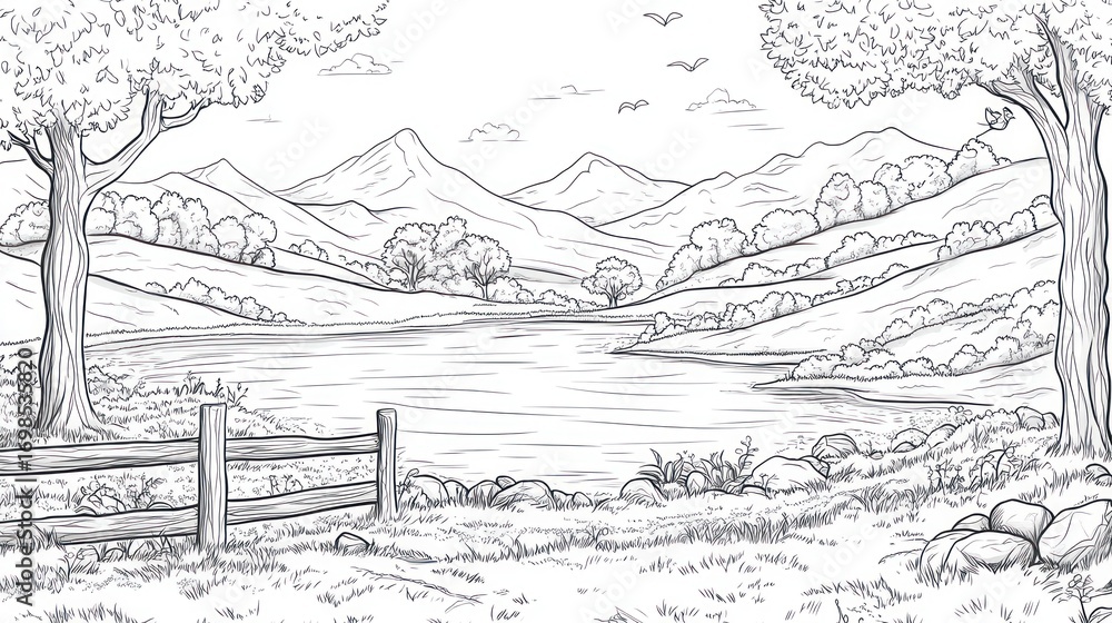 Obraz premium Peaceful lakeside landscape drawing