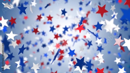 Animated 3D Patriotic Starry Confetti Falling Over a Blue Backdrop