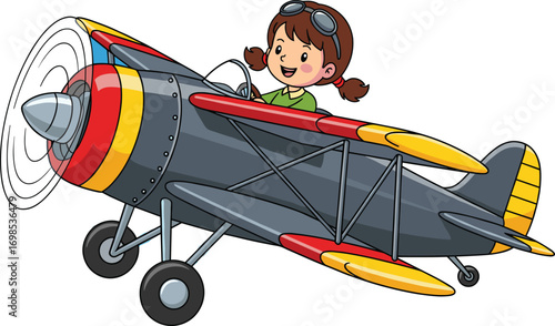 Cartoon child flying vintage airplane, wearing aviator goggles, joyful expression, colorful propeller plane, vector illustration, children’s aviation adventure, flat design, isolated white background
