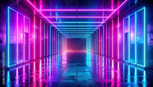 Fototapeta Naklejka Na Ścianę i Meble -  Neon tunnel with reflective floor (2)