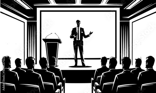 “CEO Giving Speech at Conference Hall Silhouette – Business Leadership Vector Illustration”
