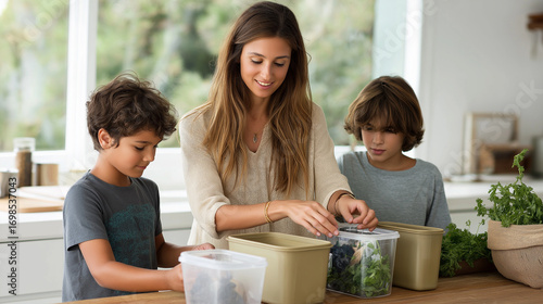 A family sorting recyclables in a bright, airy kitchen, using reusable containers and compost bins, embracing a zero-waste lifestyle, zero-waste, sustainable, eco-friendly, recycli