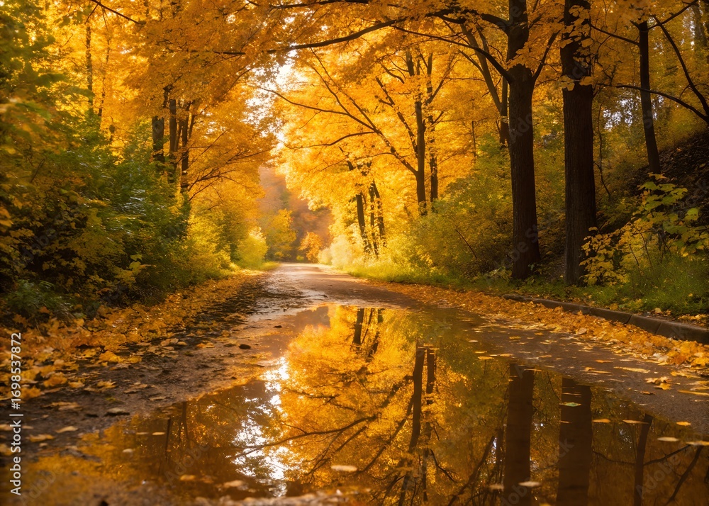 Obraz premium Autumn Road Reflection Golden Trees and Puddle