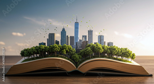 Fototapeta Naklejka Na Ścianę i Meble -  An open book transforms into a vibrant green city skyline with lush trees and a bright sky overhead