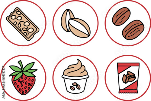 A Collection of Delicious Food Icons: Nuts, Fruit, Candy Bar, and Coffee Cup