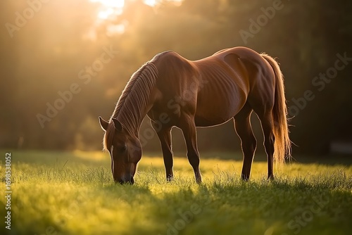 A majestic horse grazes peacefully on lush green grass in a sun-drenched meadow during the golden hour, with a gentle breeze rustling its mane.