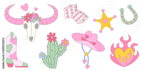 Set of cowgirl design elements. Cowgirl boots, cow skull, hat, horseshoe, cactus, Sheriff star and dice. Female Cowboy western theme, wild west. Vector illustration in flat style.