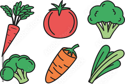 A colorful collection of fresh vegetables, including carrots, broccoli, tomato, and greens