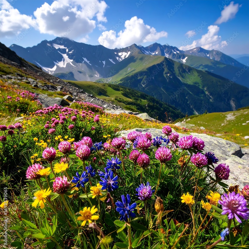 Fototapeta premium Vibrant wildflowers flourish on a sun-drenched alpine meadow, nestled amongst towering mountain peaks.