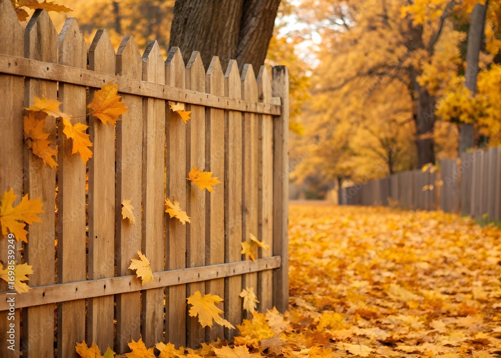 Fototapeta premium Wooden Picket Fence Autumn Leaves Pathway