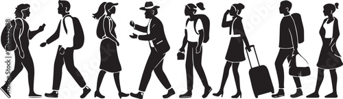 Diverse group of people walking with luggage and bags