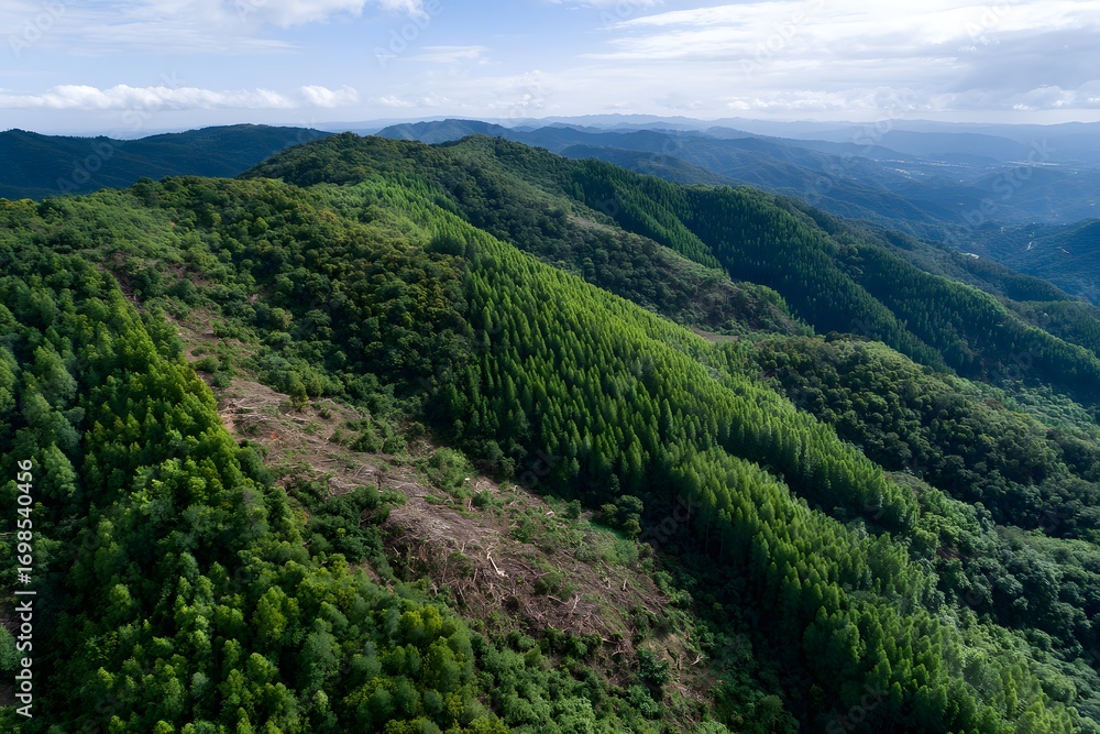 Fototapeta premium Reforestation thrives on lush green hills in the mountains