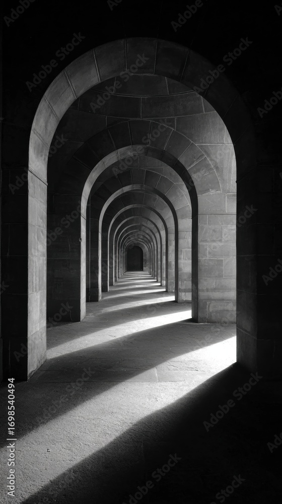 Naklejka premium Monochrome Archway Corridor: Repetitive Tunnel Perspective