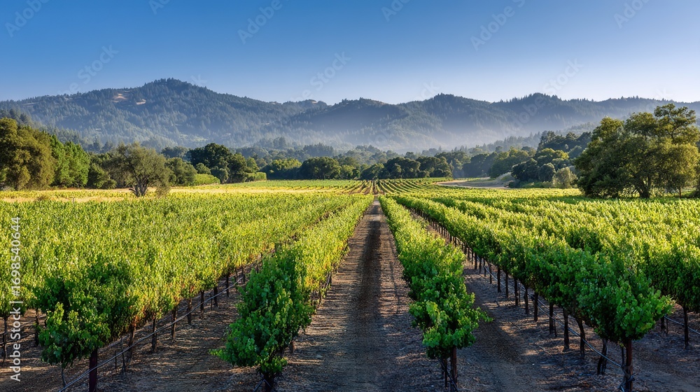 Naklejka premium vineyard. Serene vineyard landscape with orderly grapevine rows under natural sunlight, evoking tranquility and growth. travel magazines.