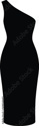 silhouette, one-shoulder dress, asymmetric neckline, midi length