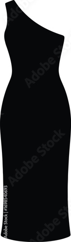 silhouette, one-shoulder dress, asymmetric neckline, midi length