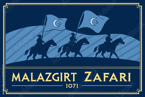 Digital artwork of Malazgirt Victory 1071, silhouette of Turkish warriors on horseback with crescent symbols and flag, historical battle commemoration design.