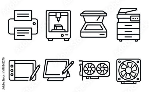 Collection of office and tech equipment icons: printer, 3d printer, scanner, copier, tablet, gpu, cooling fan