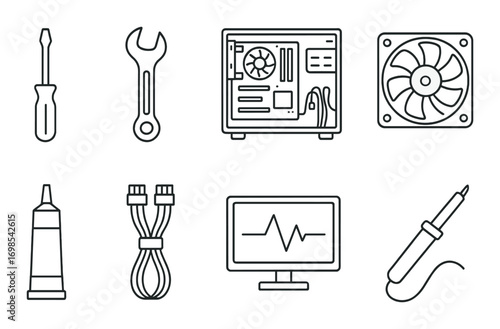 Computer repair tools and components icons set on glossy metal surface