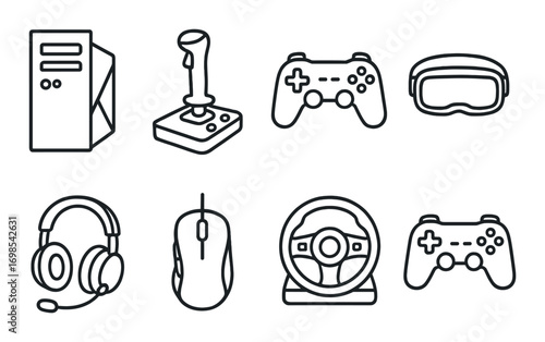 Various gaming equipment icons including joystick, controller, headset, and steering wheel