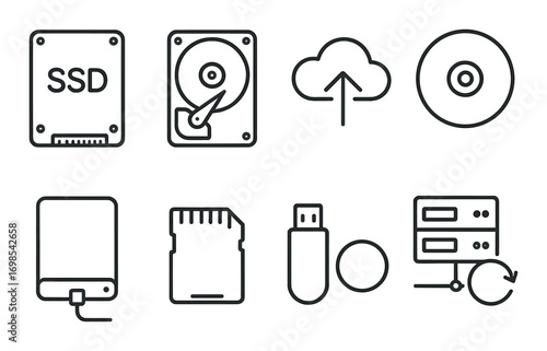 Digital storage icons featuring ssd, hard drive, cloud, disc, and usb