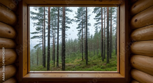 Wallpaper Mural Rainy Pine Forest Landscape Through Log Cabin Window with Raindrops Torontodigital.ca