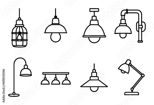 Collection of vintage and modern hanging and desk lamps on dark background
