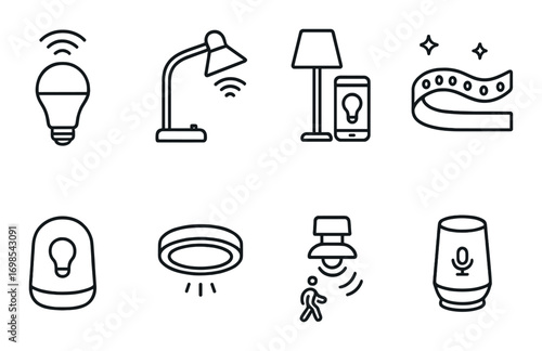 Smart home device icons: lightbulb, lamp, smartphone, strip, alarm, sensor, ai speaker