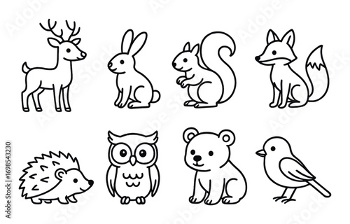 Outline illustrations of forest animals including deer, rabbit, squirrel, and more