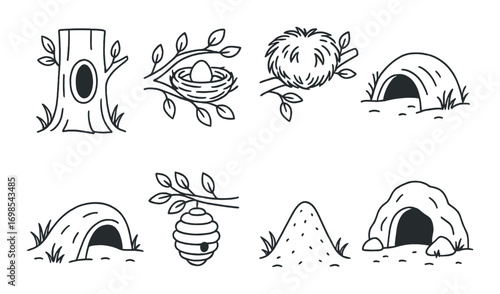 Various animal habitats: tree, nest, burrow, cave, beehive, anthill