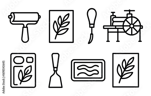 Monochrome printmaking tools and leaf art icons on dark background