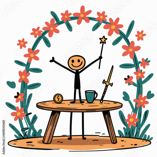 Stick figure celebrating with a star wand, cup, and sword on table. Major Arcana Tarot 1 Magician 