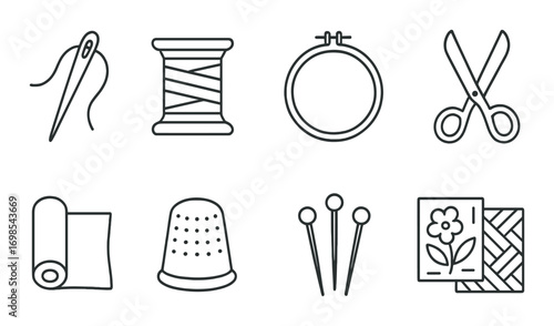 Sewing essentials black icons set: needle, thread, scissors, fabric, thimble, pins, stitching, embroidery
