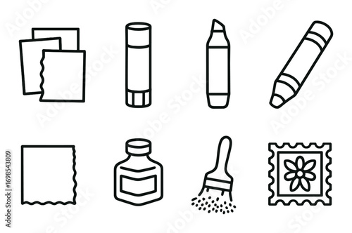 Sketch icons: art supplies outline on olive green background